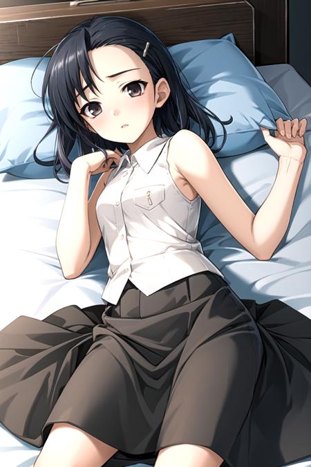 best quality, ultra-detailed, an extremely delicate and beautiful, high resolution, extremely detailed CG, masterpiece,
cowboy shot,
gloom expression,
BREAK,
yosuga, kuranaga kozue, 1girl, solo, black hair, black eyes, hairclip,hair ornament,short hair
sleeveless, pillow, skirt,  shirt,  bare shoulders, sleeveless shirt, 
indoor,
<lora:yosuga_V1_3-000018:0.8>,
lying on side,