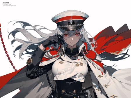 best quality,highly detailed, ultra-detailed, masterpiece, 8k wallpaper,(chirmeral:1.7), ,realistic,  <lora:chirmeraL-SF1:0.95>
(dramatic angle:1.5),  (dynamic angle:1.5), 
1girl, long hair, hat, red eyes, gloves, breasts, solo, coat, black gloves, coat dress, military hat, hair between eyes, white headwear, elbow gloves, large breasts, white coat, silver hair, looking at viewer, weapon, fur-trimmed coat, buttons, sword, floating hair, parted lips, ice, chain, double-breasted, white background, jacket, very long hair, military uniform, military, jacket on shoulders, bangs, cape, uniform, character name, turret, simple background, upper body, red cape, holding