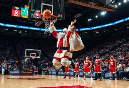score_9, score_8_up, basketball stadium, the stands full of people cheering, basketball court, SANTA CLAUS WITH A BAG WITH GIFTS 
dunking a basketball, while a group of players watch in amazement