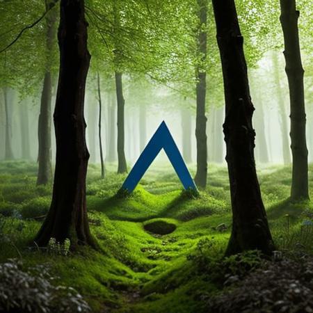 A hyper-realistic painting featuring a three-dimensional blue triangle with human eyes and a mouth, clearly expressing an emotion such as sadness or joy. The triangle should have realistic textures and lighting, making it appear as part of the physical world. It is set in a lush, vibrant forest at dawn, with sunlight filtering through dense foliage, illuminating the moss-covered ground and small wildflowers. Birds and woodland creatures add life to the serene setting. The triangle should blend seamlessly into the environment despite its surreal form, creating a striking contrast between the natural beauty of the forest and the lifelike, anthropomorphic triangle