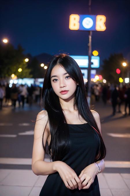 (best quality:1.4), (ultra highres:1.2), (photorealistic:1.4), (8k, RAW photo:1.2),(portrait shot:1.3), bmangpor, 1girl, solo, long hair, black hair, night, black dress, breasts, <lora:bmangpor-04:0.65>