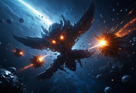 A highly detailed, ultra-realistic, In the vast, dark expanse of space, an epic battle unfolds against the backdrop of a massive alien planet. The planet itself is breathtaking—its oceans shimmer in a deep, sapphire-blue hue, reminiscent of liquid Gatorade, crystal clear and vibrant. The landmasses are covered in lush, alien vegetation, but unlike Earth's green forests, this world’s flora glows in warm tones of orange and brown, creating a stunning contrast against the brilliant blue waters. Wispy clouds swirl across the atmosphere, partially obscuring the surface in soft shadows. Dominating the foreground are colossal metallic spheres—monolithic, gleaming battle stations floating in formation. These giant metal orbs, smooth and reflective, exude a powerful presence, releasing thousands of smaller metal spheres into the battlefield like a relentless swarm. Each of these smaller orbs, agile and efficient, zips through space in perfect synchronization, creating an overwhelming force.
Opposing them are sleek, black, glider-like spacecraft, reminiscent of Batman’s signature aerial vehicles. These alien warships are sharp, ominous, and built for speed, cutting through space like dark shadows. Their surface absorbs light, making them appear almost like voids against the cosmic backdrop. These craft belong to an insectoid species, an eerie hybrid of humanoid and arthropod features. Among the wreckage, alien bodies drift lifelessly—their forms ant-like from the waist down, but with humanoid torsos and praying mantis-like heads. Their exoskeletons glisten with a biomechanical sheen, a blend of organic and machine. The battlefield is alive with chaos. Rainbow-colored laser beams burst in every direction, fired from the spherical war machines, illuminating space with a dazzling light show. Each blast arcs through the void, striking the black glider ships, causing fiery explosions that ripple outward. Some of the insectoid fighters return fire with deep red energy beams, carving through the metallic swarm with deadly precision.
The battle is an awe-inspiring spectacle of light, shadow, and destruction, with debris from shattered ships scattering in all directions. The bodies of fallen insectoid warriors float eerily through space, their lifeless forms caught in the silent, weightless abyss. Energy blasts refract off their armored exoskeletons as the carnage continues, an endless struggle for dominance in the cold, infinite darkness. realism, cinematic, best quality, realistic, shallow depth of field, high-resolution image, extremely detailed body, shallow depth of field,