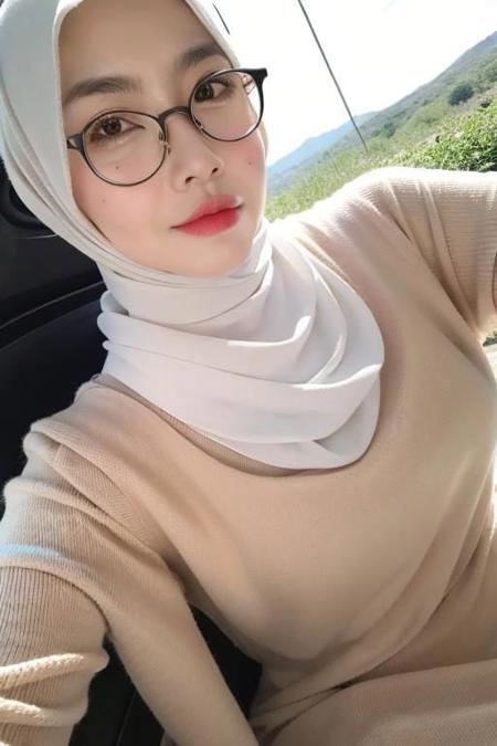 (masterpiece), (high quality, best quality, realistic, expressive eyes), classroom, (upper body), 1girl, mature female, mole under mouth, hijab, dress, glasses