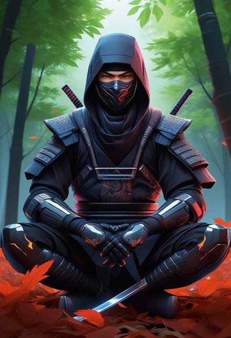 fcNeg, Create a captivating and high-quality digital illustration featuring a mysterious and powerful ninja-like character, inspired by Omen from the popular game Valorant. The character should be depicted sitting calmly in the center of a pile of leaves, with a fractal cyborg ninja background that highlights his cybernetic enhancements and futuristic technology.
The illustration should emphasize the character's mystic and enigmatic nature, showcasing the intricate details of his cybernetic enhancements and the futuristic technology embedded in his body. Use a combination of vibrant and muted colors to create a striking contrast between the character and his background, highlighting his presence and power.
The overall design should capture the intrigue and mystery of this ninja character, showcasing him as a powerful and enigmatic figure who embodies the essence of the shinobi and ronin traditions. The illustration should serve as a tribute to the popularity and fan following of Omen and the world of Valorant, inviting viewers to explore and appreciate the character's unique blend of mysticism and technology.