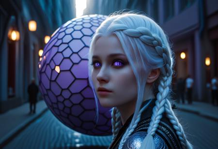 cinematic photo city street,street,street photography,<lora:Beeple_scenery:1>,Beeple,scenery,a large ball with many different shapes and sizes in it,, <lora:Metroplex Base:0.4>,a city scnery,, <lora:LetThereBeLight:0.3>,Beeple,lighting,, 1girl,long silver-white hair pale as moonlight,Targaryen lineage,hair is worn in intricate braids,large violet eyes noted for their intensity and otherworldly quality,pale smooth skin with a creamy complexion with an almost luminous quality,striking beauty,slim and petite build, . 35mm photograph, film, bokeh, professional, 4k, highly detailed