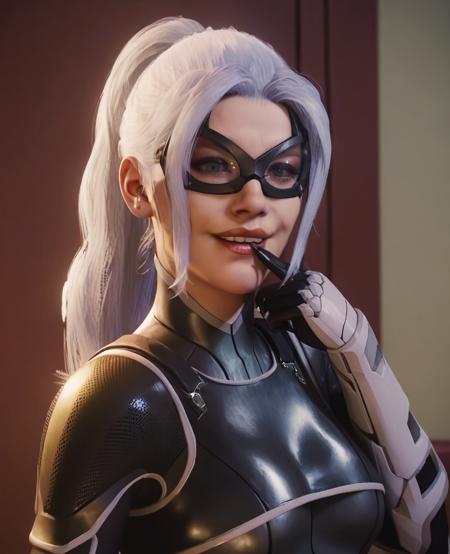 blackcat, 1girl, long hair, breasts, braid, armor, lips, bodysuit, makeup, mask, lipstick, black bodysuit, ponytail,