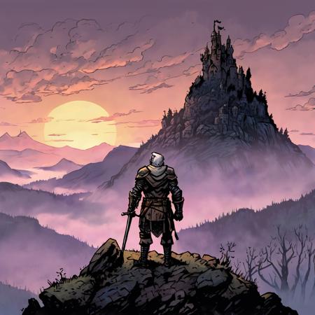 high-quality artwork in dgst artstyle from behind of an old man wearing medieval armor standing on top of a mountain overlooking a valley during spring at dawn with fog