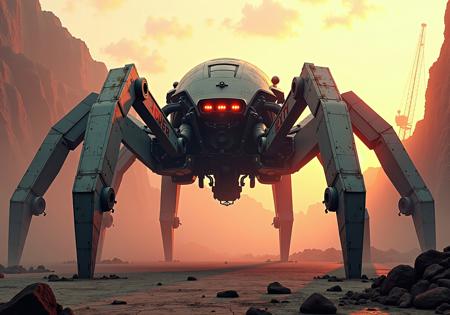 (In the style of ck-mgs, cksc, a_skynet_cyberdyne_craft) — ultra-detailed sci-fi cinematic scene, 8K digital painting, hyper-realistic.
Foreground: cracked soil, scattered metal debris, oil-stained rubble. Dust particles shimmer in low sunlight, creating layered cinematic parallax.
Midground: dominant subject — a colossal Spider Mech Crane, its six multi-jointed hydraulic legs spread wide on the uneven terrain. The central cockpit sphere sits suspended beneath a reinforced rotating frame, clad in hazard-striped armor, dulled and scratched from use. Arms extending from its thorax-like core include claw-like grabbers, telescopic drills, and a heavy crane boom, cables swaying. Mechanical hoses and pistons pulse with movement.
Background: a massive quarry pit with exposed strata, scaffolded by decaying steel beams and distant tower cranes against a smoky dusk sky glowing orange-pink.
Lighting: dramatic blend of warm yellow and toxic pink, with rim lights catching each spider-leg and the machinery’s angular silhouette. Volumetric dust clouds coil around its base, intensifying its menacing scale.
Camera: shot with a 35mm cinematic lens, shallow depth of field, gritty industrial teal-orange film grade, light film grain, deep atmospheric haze.
Surfaces: grimy, with peeling paint, welded seams, and oozing oil lines, showcasing brutalist mechanical wear.
