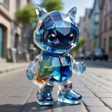 cs-cr1stal-v2, a realistic little chibi robot is wearing a blue shark hoodie made of stained glass and cabbage slippers on the street