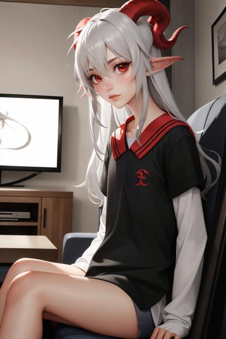 masterpiece, best quality, thedemongirl, black shirt, sailor collar, short sleeves, grey long-sleeve shirt, sitting, living room, television, looking at viewer, confused<lora:thedemongirl-nvwls-v3:0.9>