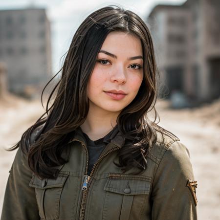 RAW photo, a close up portrait photo of miranda cosgrove in wastelander clothes, long haircut, pale skin, slim body, background is city ruins, (high detailed skin:1.2), 8k uhd, dslr, soft lighting, high quality, film grain, Fujifilm XT3 <lora:miranda cosgrove v1.3:1>