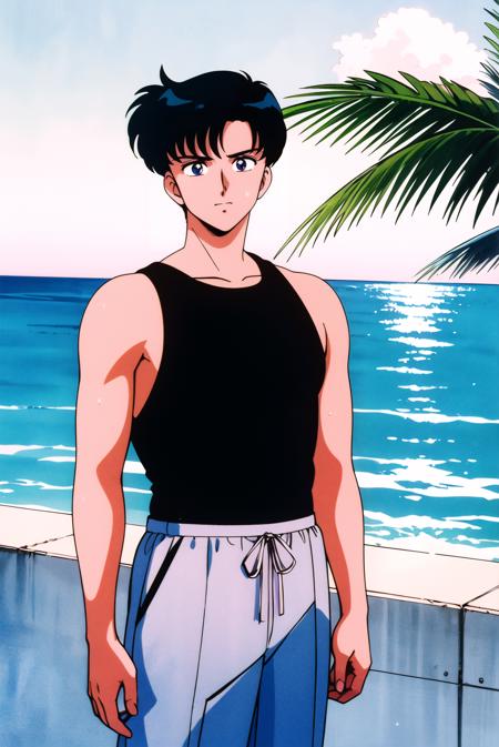 masterpiece,best quality,highres,<lora:Chiba Mamoru:0.7>,Chiba Mamoru,1boy,black hair,blue,solo,retro artstyle,short hair,1990s \(style\),cowboy shot,looking at viewer,Men's swim trunks,ocean,tree,