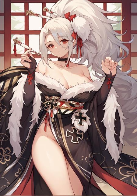 phog, ribbed shirt, sleeveless shirt, underboob, low-braided long hair, bare shoulders, black necktie, hair ribbon, ankle boots, high-waist skirt, red trim, black jacket, white shirt phkimo, bare legs, bare shoulders, collarbone, fur-trimmed kimono, hair stick, iron cross, japanese clothes, multicolored kimono, ponytail, red ribbon, obi, wide sleeves, choker phjr, bare shoulders, braided ponytail, cocktail dress, elbow gloves, evening gown, feather boa, high heels, long dress, red dress, side slit, strapless dress phlg, baseball cap, fake animal ears, flip-flops, strapless one-piece swimsuit, thigh pouch, toenails, whistle around neck, red swimsuit,  phsuke, bare legs, black serafuku, crop top overhang, fingerless gloves, high ponytail, midriff, platform heels, red gloves, fingerless gloves, sailor collar, no bra, x hair ornament, sarashi absurdly long hair, white hair, large breasts, red eyes, mole under eye, hair over one eye, 