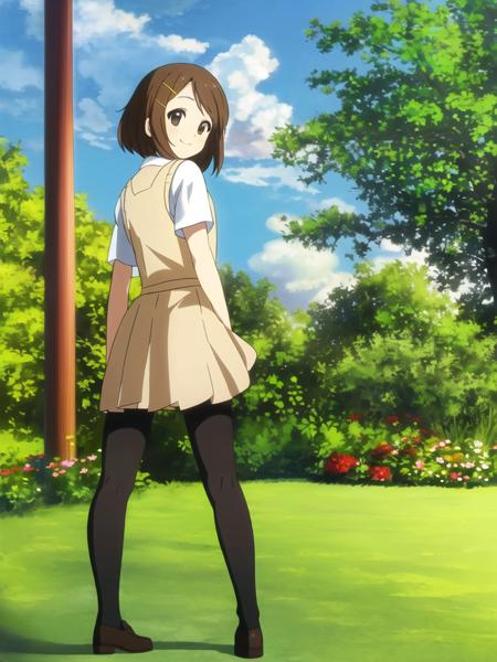 1girl, solo,  brown hair, brown eyes, detailed eyes, detail, flower meadow, cumulonimbus clouds, lighting, detailed sky, garden, full body, school uniform, dress, black long legwear, smile, (masterpiece), best quality, ultra high res, look back, hairclip