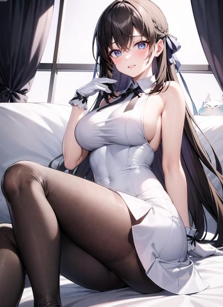 masterpiece, best quality, ultra-detailed, illustration, warm lighting, bright colors, 1girl,solo,blue_eyes, brown_hair, long_hair, bangs, 

bangs, bare_shoulders, black_ribbon, blush, collared_dress, dress, gloves, hair_ornament, hair_ribbon, hand_up, narrow_waist, neck_ribbon, pantyhose, pantylines, parted_lips, ribbon, short_dress, sleeveless, sleeveless_dress, swept_bangs, white_dress, wrist_cuffs,


 <lora:Shin_jia:0.65>