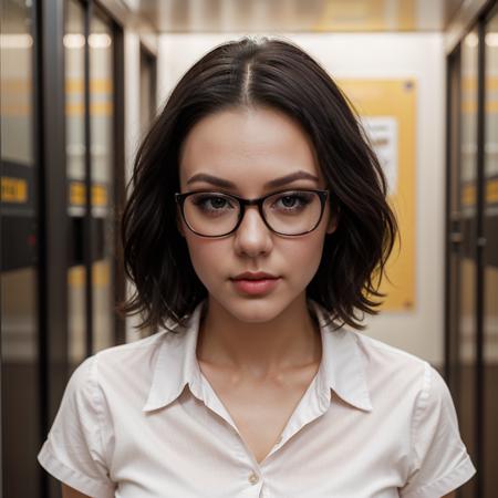 close-up portrait of c0rdelia_n0texist, short black hair, glasses, dressed in office-wear, analog style, modelshoot style, sharp focus, natural lighting, subsurface scattering, f2, 35mm, film grain