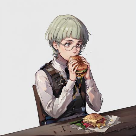 simple background, white background, 1boy, sitting, upper body, <lora:IgnatzVictor-bsinky-v1:0.75>, defignatz, glasses, garreg mach monastery uniform, blunt bangs, <lora:borger-nvwls-ver-2:0.8> two-handed burger, eating,