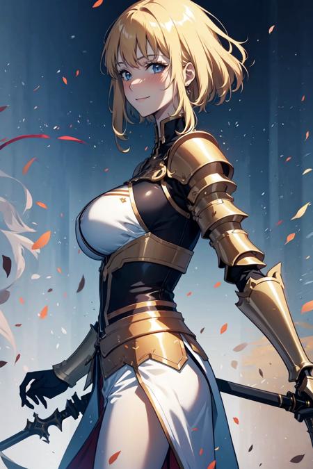 chae, 1girl, solo, looking at viewer, short hair, blonde hair, standing, weapon, sword, artist name, armor, from side, shoulder armor, gauntlets, sheath, sheathed, masterpiece, anime, realistic, high quality, magic, smile, blush, mature woman, big breast, slim, <lora:chae:1>