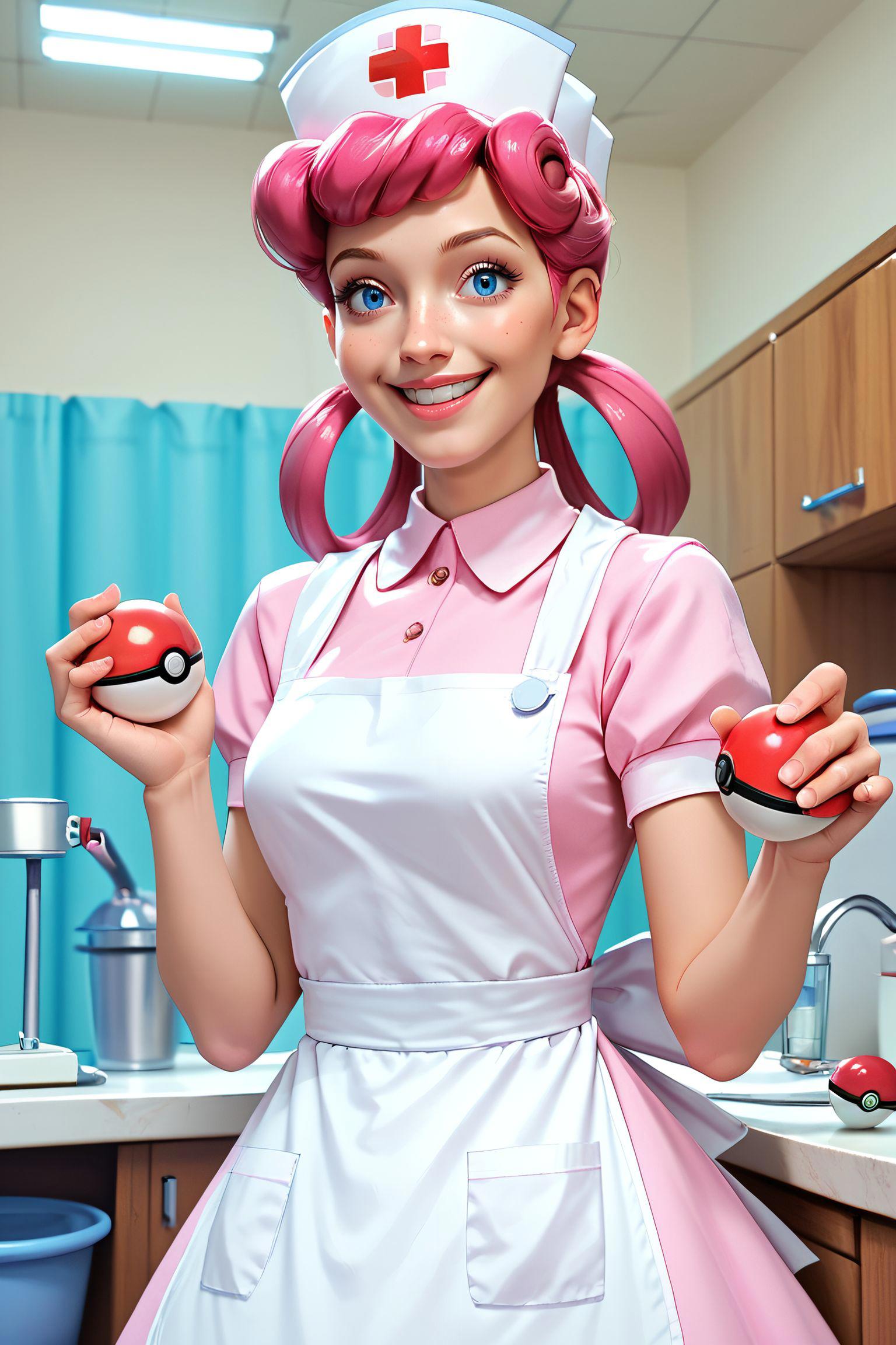 zPDXL3, <lora:Miss_Joy:.7>,
Miss Joy, woman, pink hair, hair rings, blue eyes,pink dress, apron, nurse cap, looking at viewer, smiling, standing, inside hospital, holding poke ball,