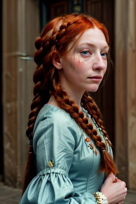 1girl 18yo, solo, extremely long hair, looking at viewer viewer, blue eyes, richly embroidered renaissance dress, on a street in 15th century florence, jewelry, upper body, braid, orange hair, twin braids, lips, freckles, curly hair, realistic, multiple braids,
Cate Blanchett, profile
Simonetta