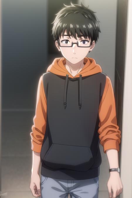 koikimomasuda, <lora:koikimo masuda s1-lora-nochekaiser:1>,
masuda, short hair, black hair, male focus, glasses, black-framed eyewear, (black eyes:1.5),
BREAK socks, pants, hood, hoodie, hood down, grey pants, grey socks, orange hoodie,
BREAK indoors,
BREAK looking at viewer, (cowboy shot:1.5),
BREAK <lyco:GoodHands-beta2:1>, (masterpiece:1.2), best quality, high resolution, unity 8k wallpaper, (illustration:0.8), (beautiful detailed eyes:1.6), extremely detailed face, perfect lighting, extremely detailed CG, (perfect hands, perfect anatomy),