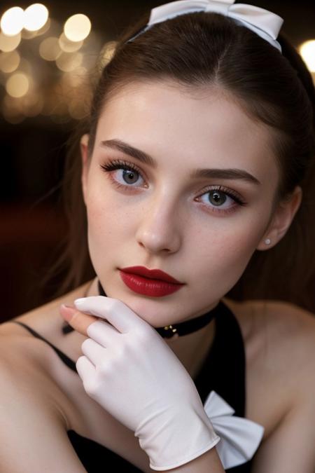 stunning woman, extremely beautiful, 20 years old, petite, delicate face, extremely detailed, photorealistic, hires, blush, rouge, lipstick, cute nose, ribbon, choker, mole, porcelain skin, elegant dress, night club, elbow gloves, ankle bracelet, close up