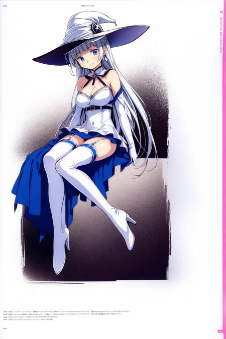 1girl , long hair, earrings, jewelry, witch hat, large breasts, dress, white headwear, white dress, blue eyes, (mismatched legwear, white legwear, black legwear:1.1), bare shoulders, looking at viewer, smile, full body, high heels, witch, detached sleeves, rigging, cleavage, white gloves, sun hat, white hair, silver hair, white footwear, clock, panties, gloves, sitting, closed mouth, blunt bangs, thigh boots, long sleeves, machinery, garter straps, navel, scepter, underwear, black panties, boots, large hat, sleeveless, sleeveless dress, cross, star (symbol),  <lora:lineMadoka2-000025:1>