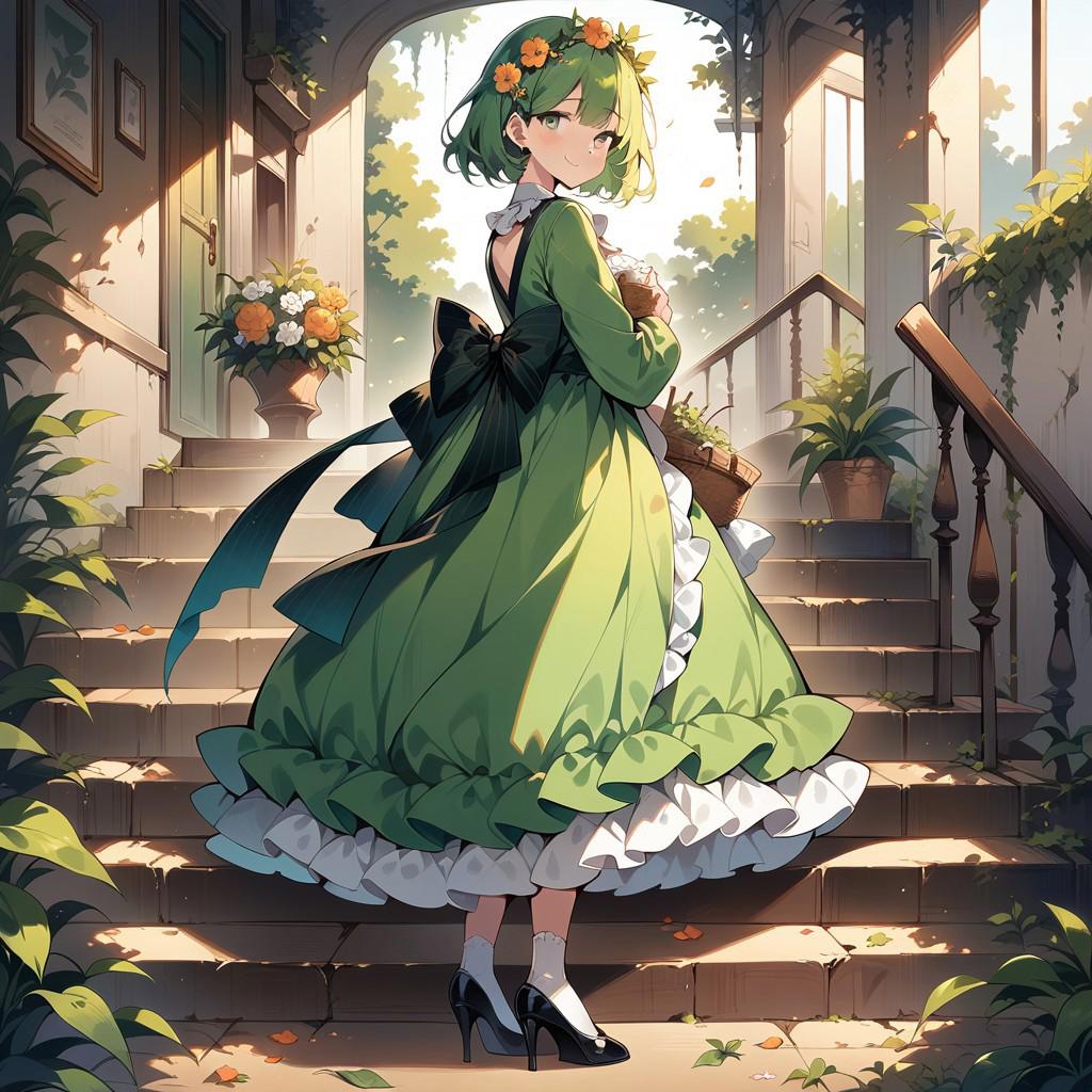 ((masterpiece, best quality, illustration)),1girl, solo, looking at viewer, smile, short hair, bangs, hair ornament, long sleeves, dress, bow, ribbon, closed mouth, green eyes, standing, full body, flower, frills, green hair, socks, looking back, hair flower, black footwear, apron, high heels, from side, leaf, frilled dress, plant, white socks, green dress, stairs, back bow, head wreath