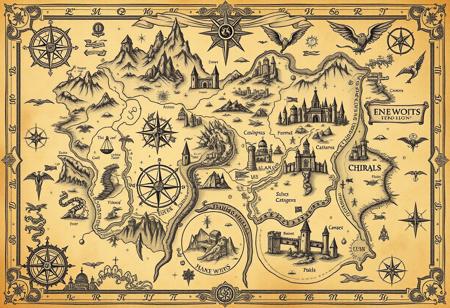 Map, map of a vast fantasy world, extremely detailed and artistic, ornate, symbols for mountains, forests, deserts, valleys, and rivers, cities, castles, ancient ruins, dragons, sea monsters. Intricate calligraphy, compass roses, flowing banners, escutcheons, heraldry, borders with runes and magical symbols. Mysterious landmarks. Ink, vintage parchment texture, Middle Earth, Westeros, Tamriel