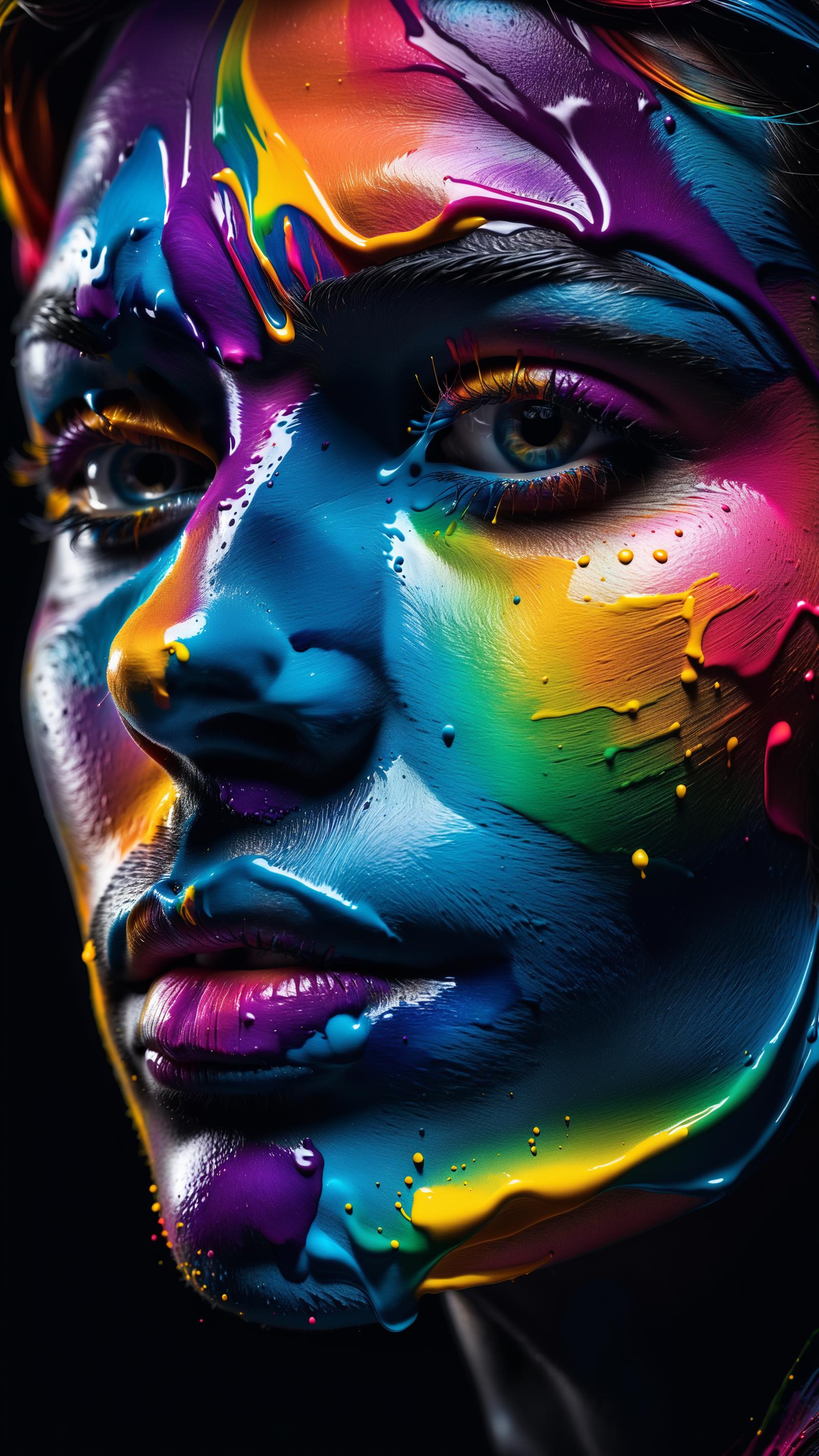 A woman's face painted in rainbow colors, with a close-up view of her nose and mouth.