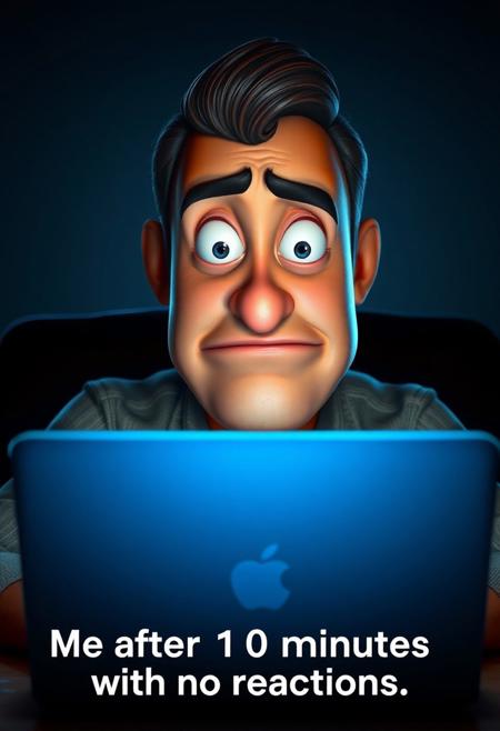 A hyper-stylistic, 3D Looney Tunes-inspired image depicts a man sitting in front of his laptop, his face etched with a slightly concerned and unsure expression. His eyes are narrowed slightly, his eyebrows are furrowed in a hint of worry, and his mouth is pursed in a subtle frown. He looks content, but a tiny seed of doubt has been planted, and his confidence is starting to waver. Every detail of his uncertain features is meticulously rendered, from the faint creases on his forehead to the slightest twitch of his lip. The laptop screen glows with a soft, blue light, casting a faintly ominous glow on the man's growing unease. Under the image, a humorous phrase reads: "Me after 10 minutes with no reactions". The overall effect is one of comical, incremental anxiety, as if the man's calm demeanor is slowly unraveling under the pressure of online indifference. highest-Quality, intricate details, visually stunning, Masterpiece
