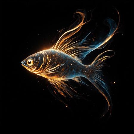 fish made out of singular intricately flowing light strands against a black background, swirling particles, abstract graphics, contours of a burning tree hidden in smoke, majestic, concept art, flowing light, glowing dust