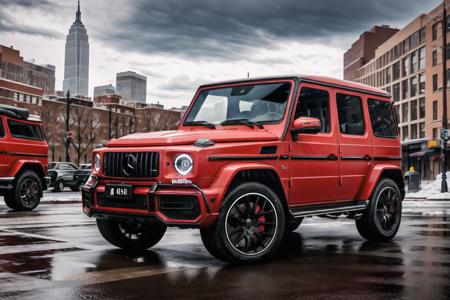 <lora:gwag63-000005:0.6> gwag63 red body, in new york city, wide-angle, masterpiece, award winning, parked on a road, buildings in background, natural lighting, cloudy skies, urban, sharp focus, smooth, intricate details, 8k wallpaper, trending on artstation