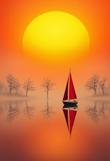 A serene and dreamlike scene featuring a sailboat with a vibrant red sail gliding across a calm, glass-like body of water. The horizon is veiled in a soft, ethereal mist, through which sparse, leafless trees emerge, their reflections perfectly mirrored in the water. A massive, warm orange sun dominates the background, casting a golden glow across the sky, which transitions into hues of red and yellow. The composition is tranquil and surreal, blending the natural elements with an almost otherworldly atmosphere.