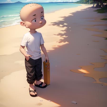 ((masterpiece, best quality)),solo,1boy, Jonny2x4, bald, white shirt, pants, black sandals,  <lora:Jonny2x4_v1-10:0.6>, walking, beach,