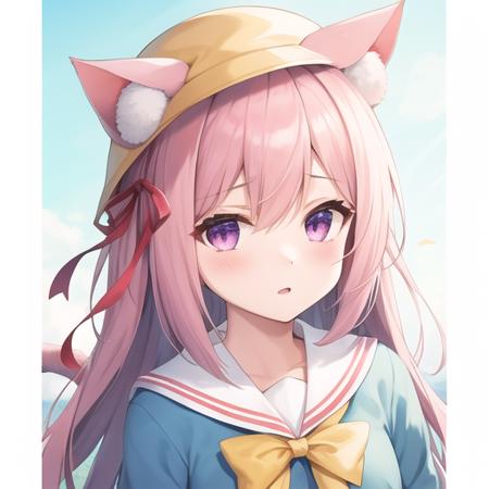 (masterpiece, best quality:1.2),illustration,8k,hd,1girl,solo,upper body,(portrait:1.2),animal_ears,cat_ears,long_hair,pink_hair,ribbon,tail,cat_tail,pink_eyes,hat,bell,bow,animal_ear_fluff,jingle_bell,tail_ornament,one_side_up,school_hat,cat_girl,tail_ribbon,very_long_hair,hair_between_eyes,aqua_shirt,ears_through_headwear,kindergarten_uniform,long_sleeves,pleated_skirt,shirt,skirt,yellow_headwear,yellow_skirt,bangs,red_ribbon,hair_ribbon,tail_bell,tail_bow,white_thighhighs,purple_eyes,bowtie,red_bow,yellow_bow,white_sailor_collar,<lora:Kisaragi(azur)>,