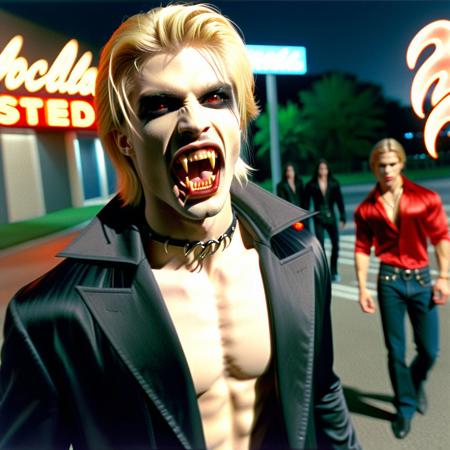 Vampyfangs1. a film still photo. 35mm. 4k. From a 2003 movie. blonde Romainian vampire and is showing off his fangs, he is walking around a hot topic.