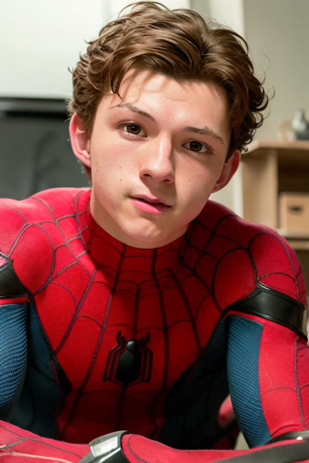 portrait of tom holland, man, muscular, spiderman suit, lying down