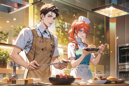 (masterpiece:1.2),(masterpiece, top quality, best quality)
1 girl, 1 boy, 2 people, chef, Chef hat, kitchen, pastry, cake, cream, dessert, food,chef uniform, chef, kirochef, 
<lora:hunli:0.5>