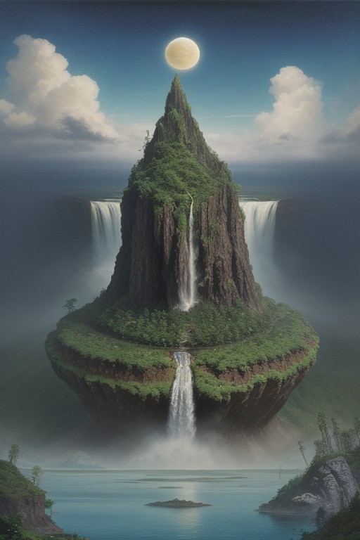 Ghiblistyle fantasy oil painting of a lush alien world, there is a large island floating in the sky.  There is a majestic waterfall coming from the floating island