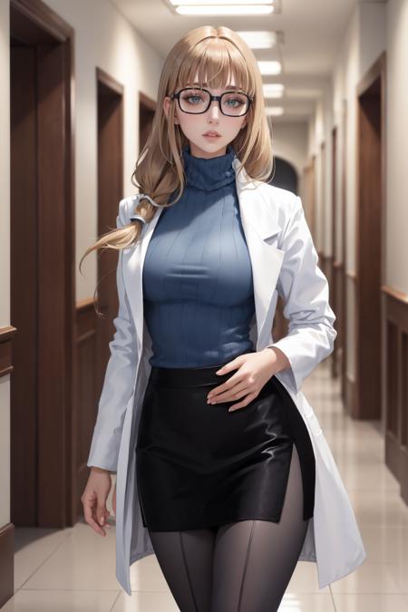 masterpiece, best quality,  <lora:oleana-nvwls-v1-000010:0.9> pastOleana, medium hair, blunt bangs, tied hair, hair over shoulder, glasses, labcoat, blue turtleneck sweater, black miniskirt, pantyhose, long sleeves, large breasts, walking, hallway, looking at viewer, surprised, parted lips