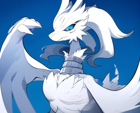 reshiram, looking at viewer, smirk, facing viewer, hand up, pointing up, blue background, simple background