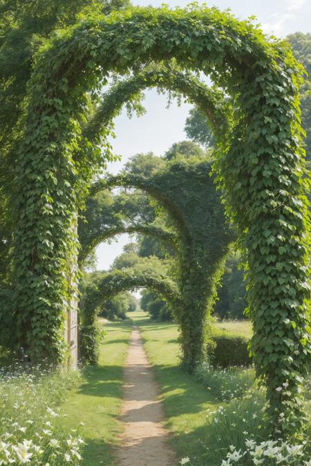wide meadow with floral archways made of roses, lilies, and ivy, soft sunlight beaming through, butterflies flying around, tall grass swaying gently, dreamy magical fantasy vibe, peaceful and vibrant, high detail flowers and natural elements, ultra-clear focus