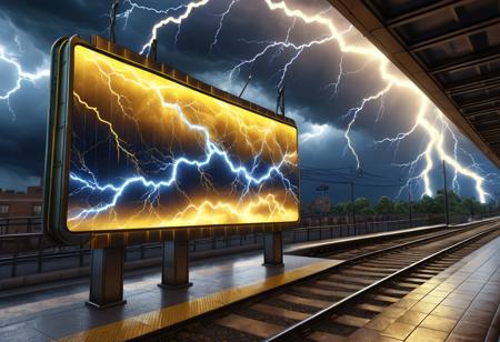 billboard sign, made of blue and yellow lightning thunder trails, lthndrtrl, subway station, stormy sky background, best quality, vibrant colors, photorealistic style, high detail, hyper-realistic, highres, 4K resolution, realistic photo, masterpiece, ultra-detailed, lthndrtrl, golden yellow tones, electric glow, medium shot, <lora:lightning_thunder_V1.1:0.3>