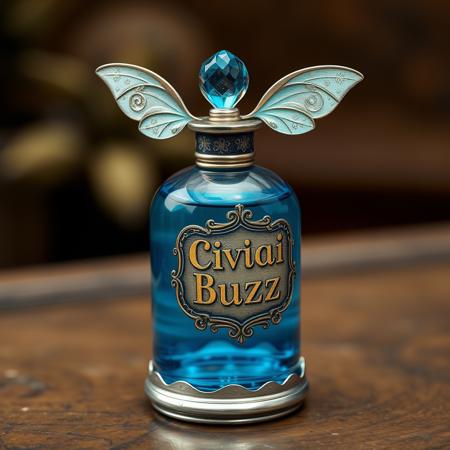 a fancy fantasy blue potion that say "Civitai buzz" with sliver trimming metal casing