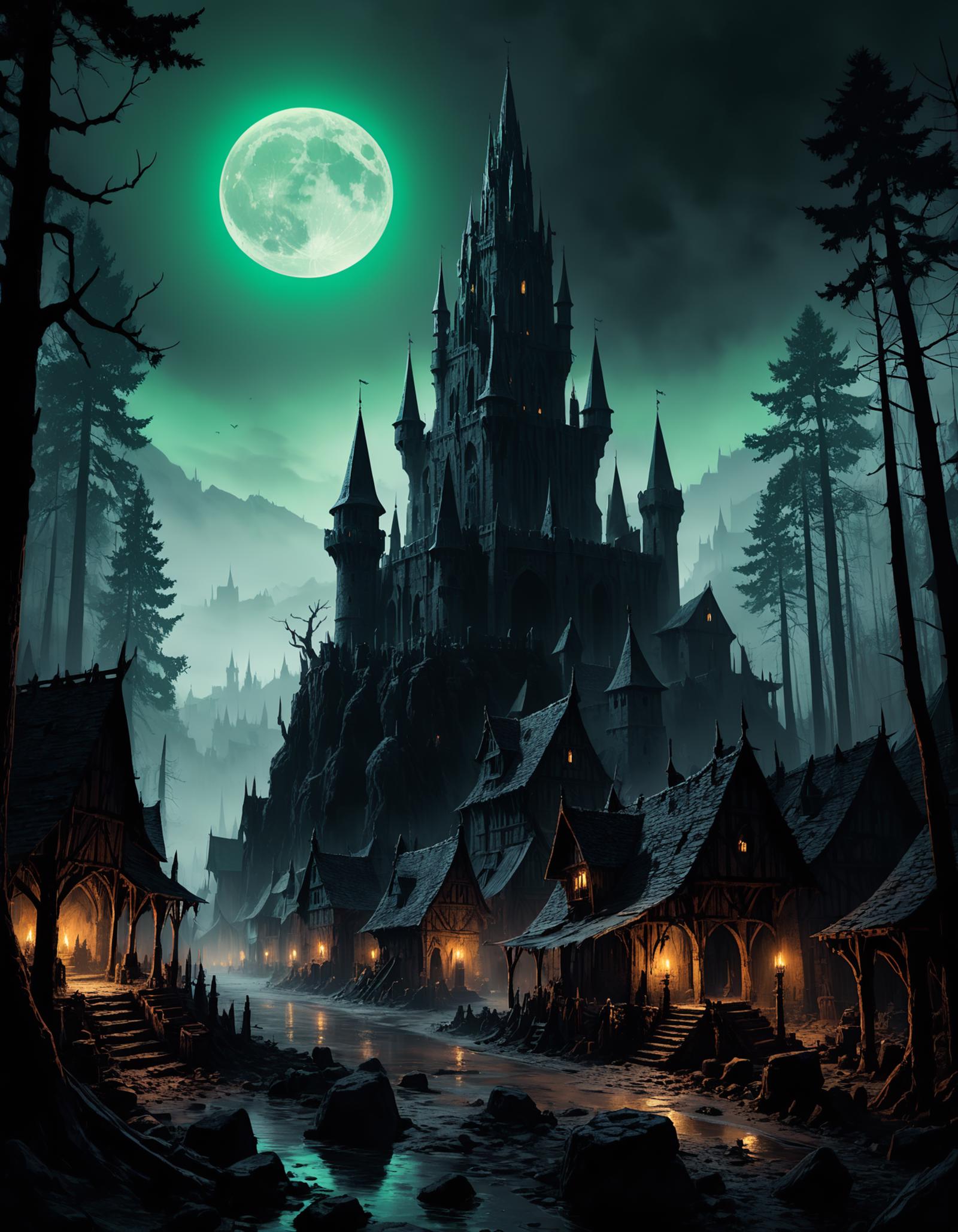 A dark and eerie castle with a full moon in the background.