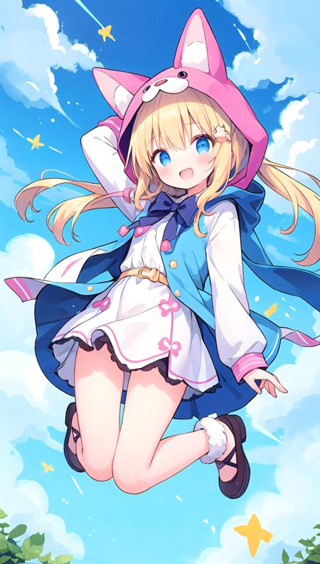 beautiful illustration, best quality, cute girl , animal hood, dynamic angle, sky, jumping