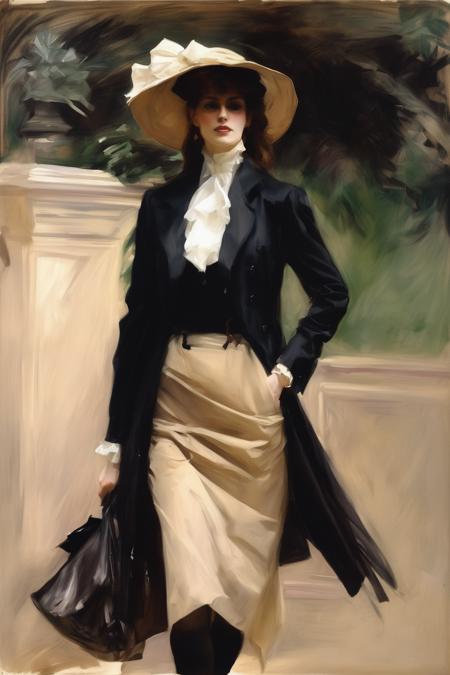 John Singer Sargent Style - John Singer Sargent painting of a woman in a short skirt and a long jacket.