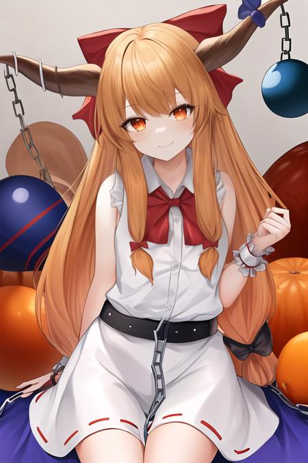 masterpiece, best quality, highres, solo, {ibuki_suika_touhou:1.10}, horns, bow, long_hair, hair_bow, ribbon, horn_ornament, sleeveless, horn_ribbon, chain, smile, orange_hair, red_bow, wrist_cuffs, very_long_hair, bangs, belt, gourd, low-tied_long_hair, blonde_hair