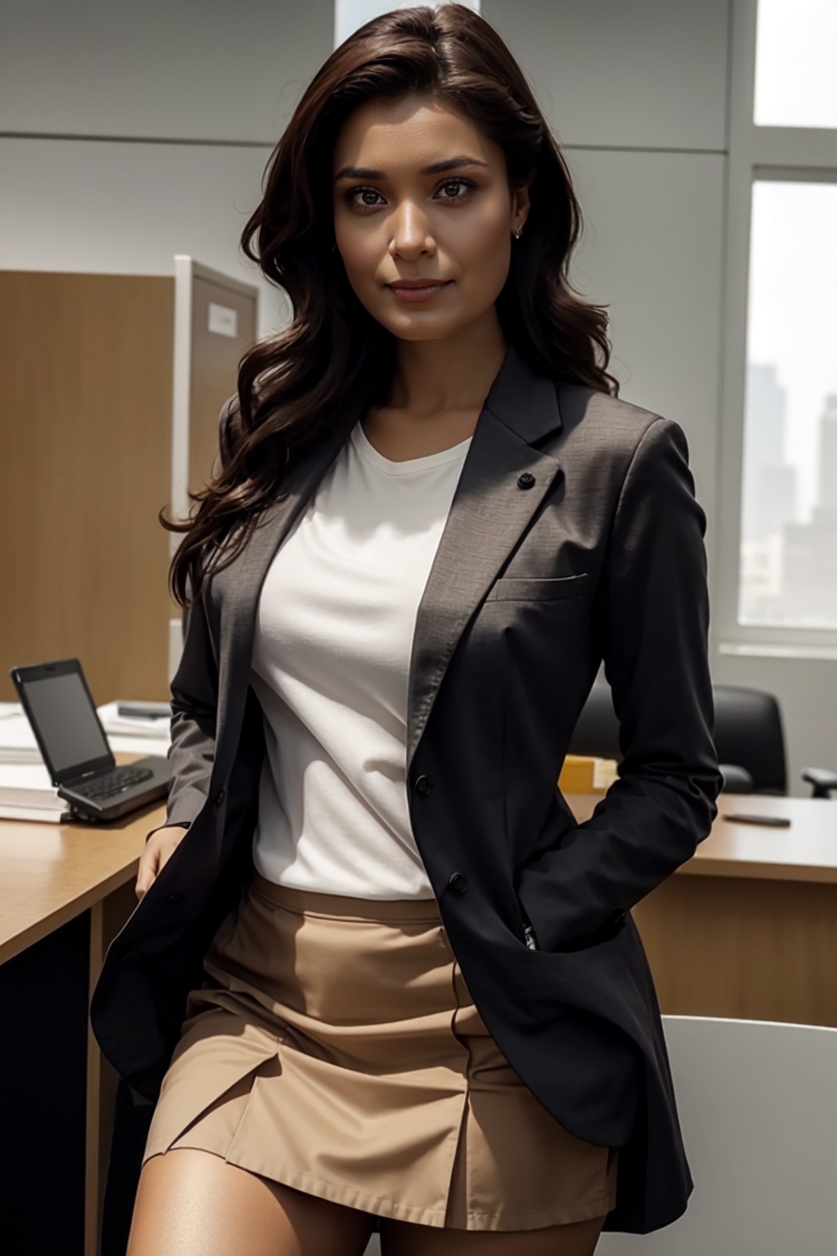 <lora:mondongo_LoRA_ShelleyConn_v2:1> mndngwmn, wearing a suit jacket with a shirt and a skirt, on an office,, (ultra real...